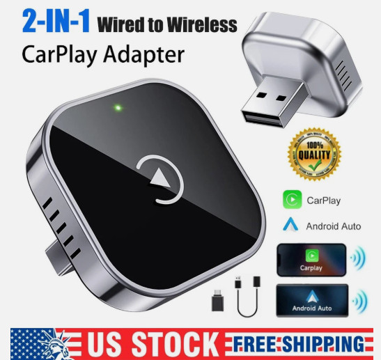 2-in-1 Wireless CarPlay & Android Auto Adapter USB Plug Play iPhone iOS Android