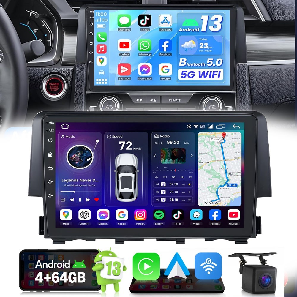 For 2016-2021 Honda Civic Car Radio Stereo Carplay 4+64G 9in Wireless +CAM