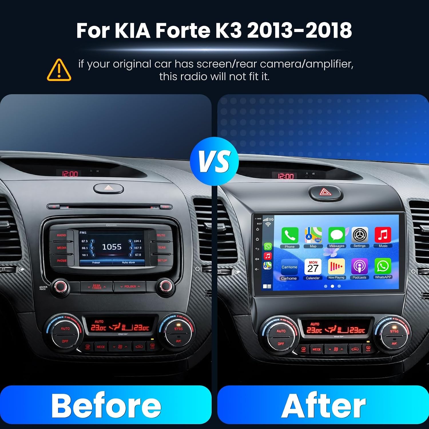 9in 4G+64G Car Stereo CarPlay GPS for 2013-2018 Kia K3 w/WiFi AHD FM/RDS SWC