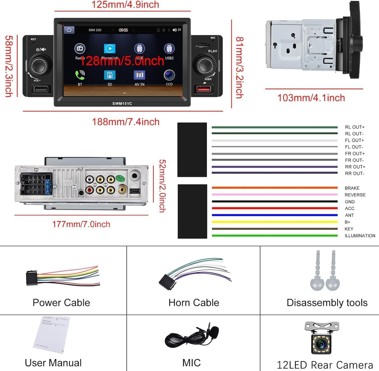 Single Din 5 inch Wired CarPlay Android Auto Car Stereo Touchscreen Bluetooth