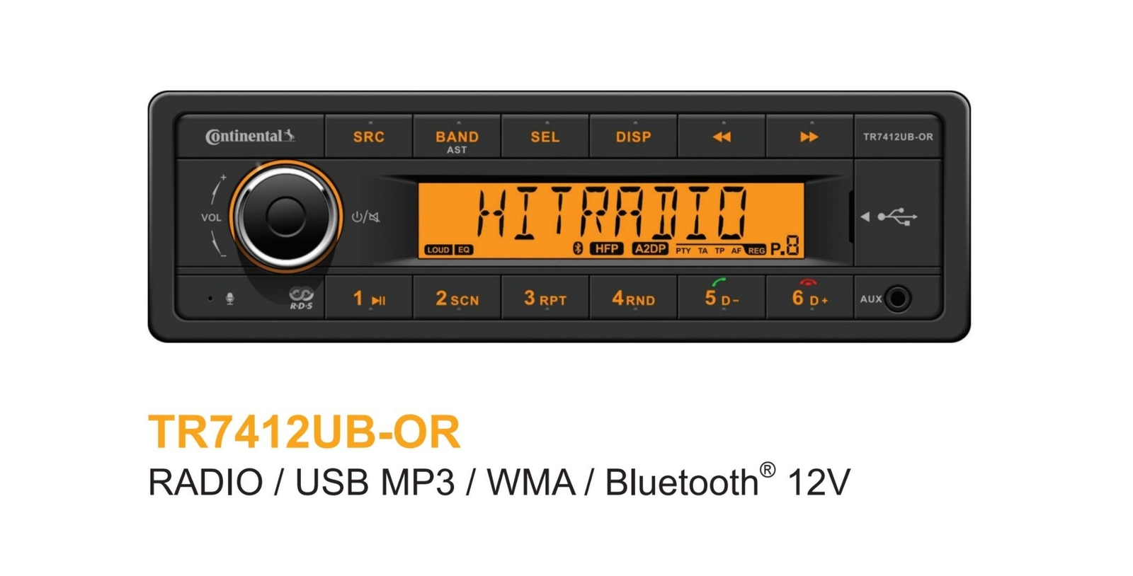 VDO Continental TR7412UB-OR European Style 12v Radio Orange Display Bluetooth