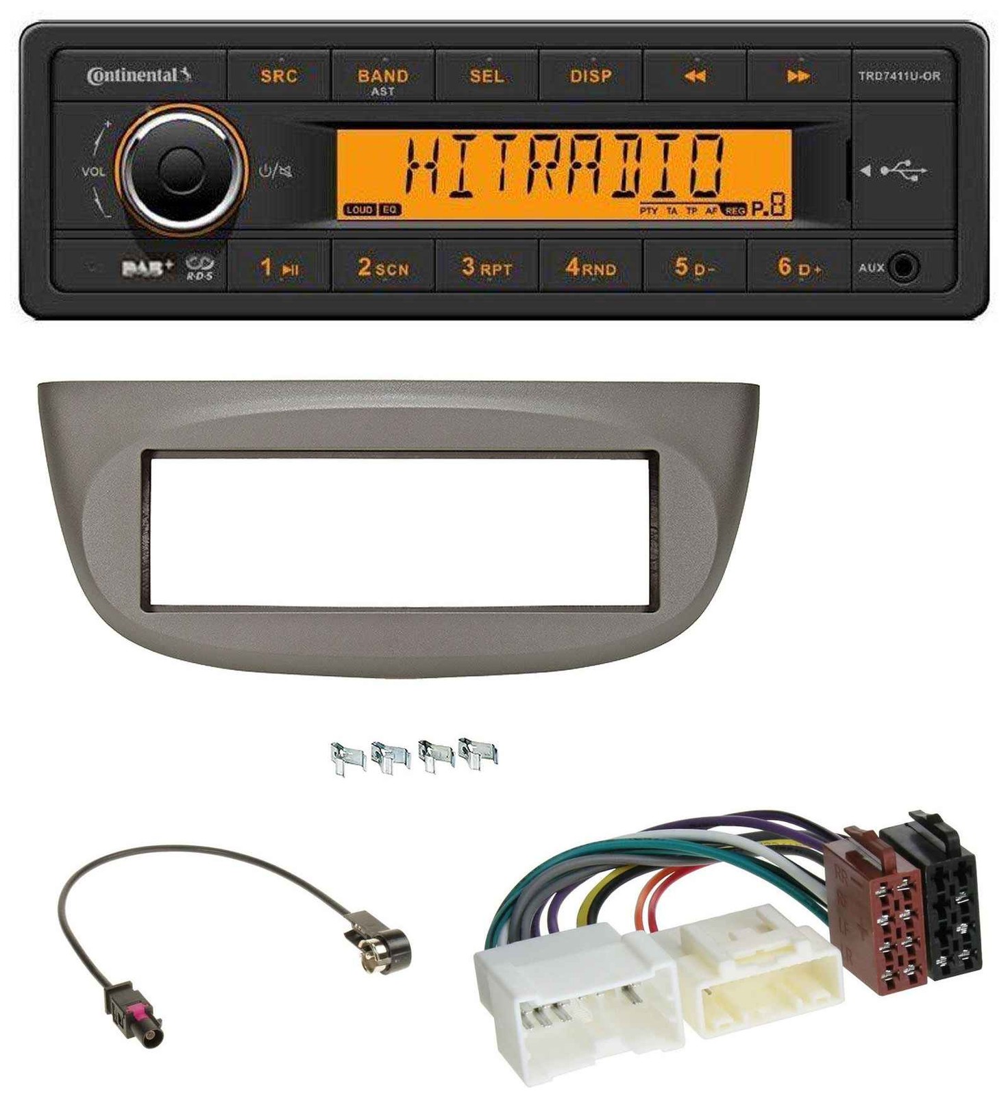 Continental 1DIN DAB MP3 AUX USB Car Stereo for Renault Twingo 2012 onwards Beige Grey