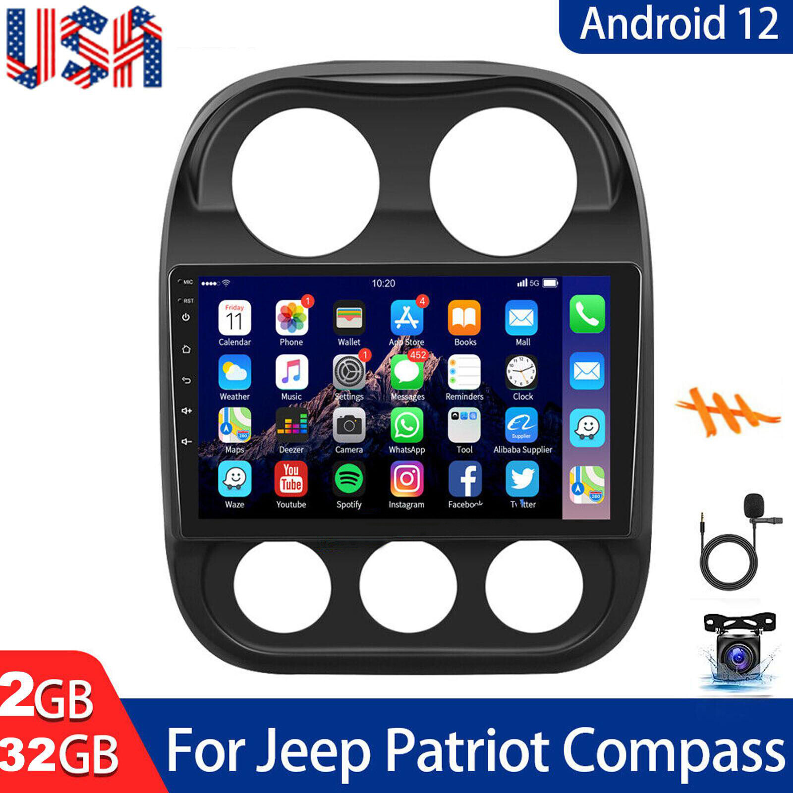 10.1″ Android 12 Car Radio Stereo GPS Navi WiFi Player For Jeep Patriot Compass