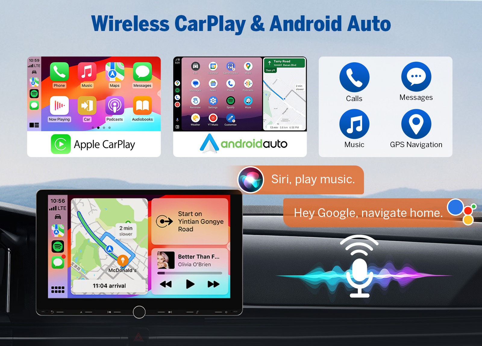 Android Auto 10.1″ IPS Car Dash GPS FM Radio Stereo Apple CarPlay Bluetooth WiFi