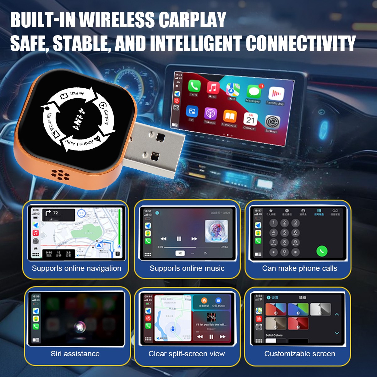 Wireless Carplay Adapter Airplay Android Auto Bluetooth Wi-fi Mirror Link Screen