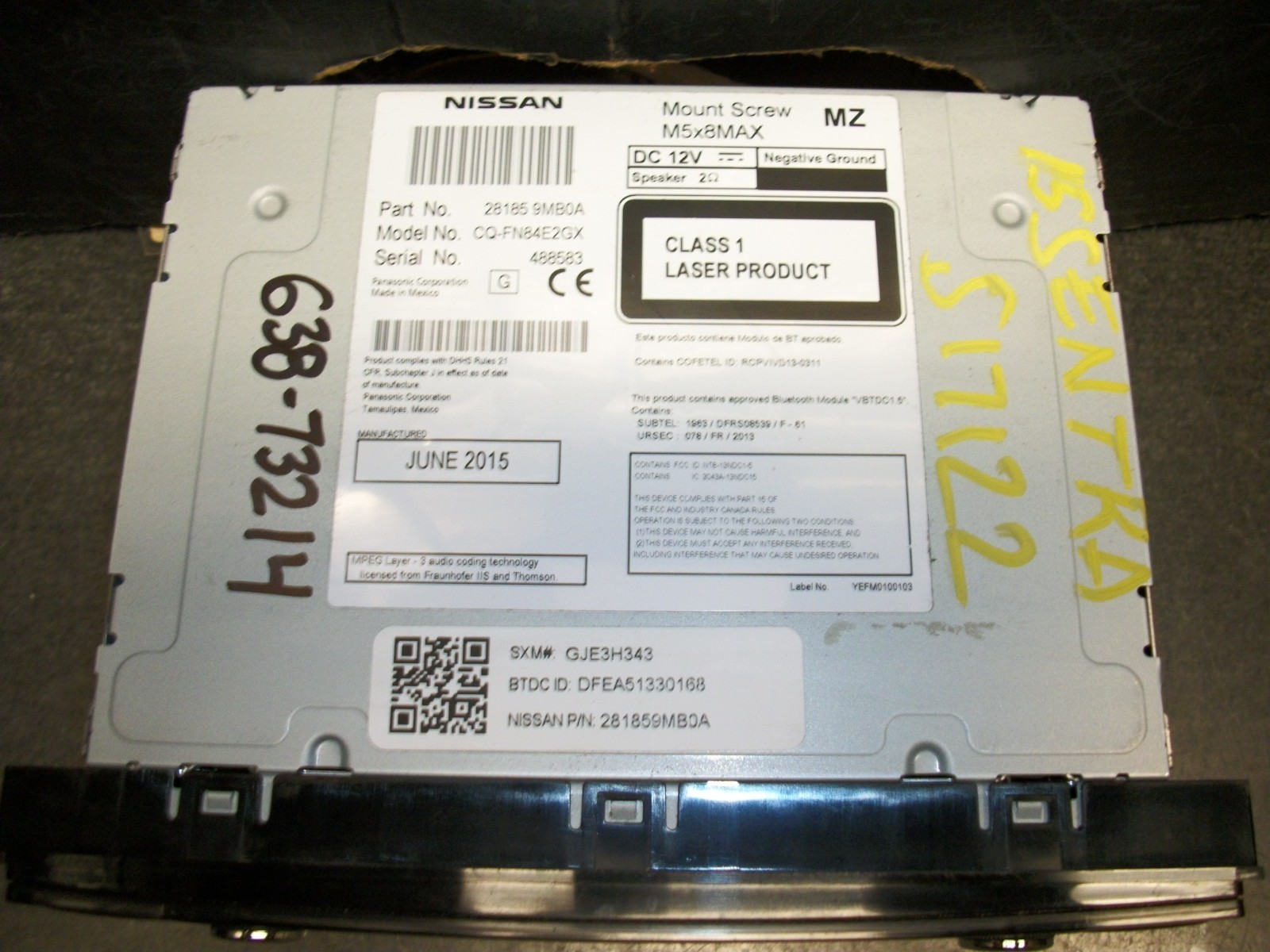 2015 NISSAN SENTRA 5″ Screen SAT Radio CD BLUETOOTH 281859MB0A TESTED