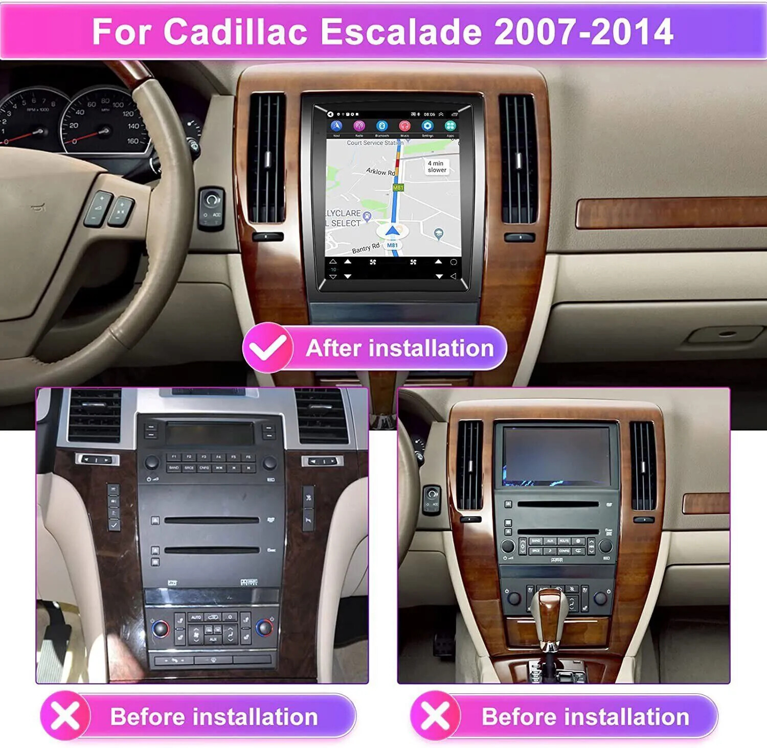 64G CarPlay Car Stereo Radio GPS Navi Android 14 For Cadillac Escalade 2007-2014