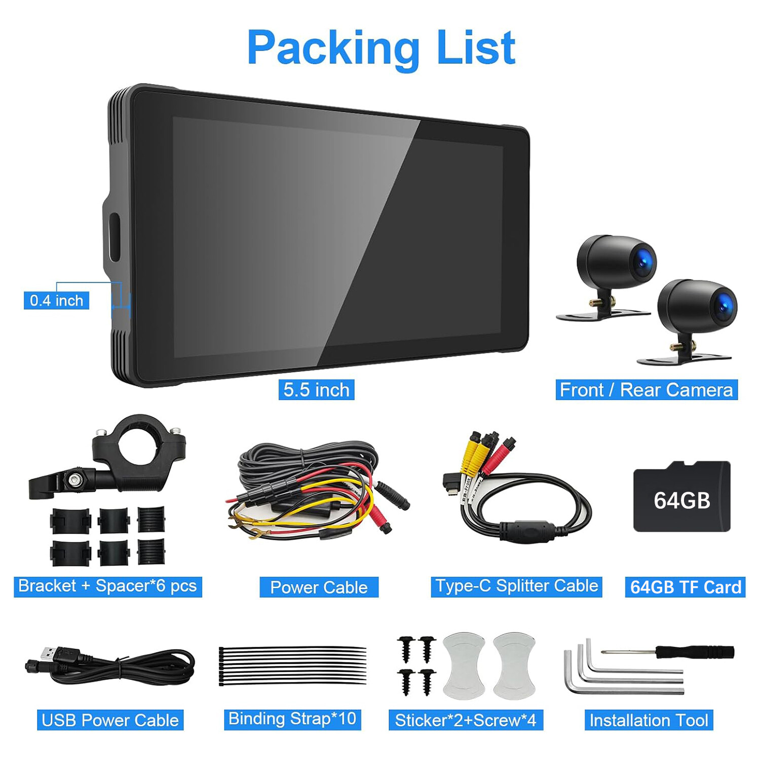 5.5″ Touch Screen Motorcycle Dash Cam Apple CarPlay & Android Auto 64GB TF Card