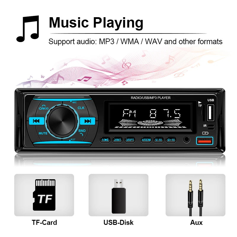 SingleDIN Car Radio Stereo Bluetooth MP3 Player FM AUX USB TF Card Digital Audio