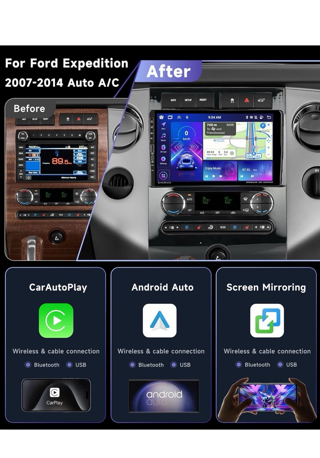 8core 4g 64g Car Stereo, 07-14 Ford Expedition, 9” HD Touch, CarPlay, Backup Cam