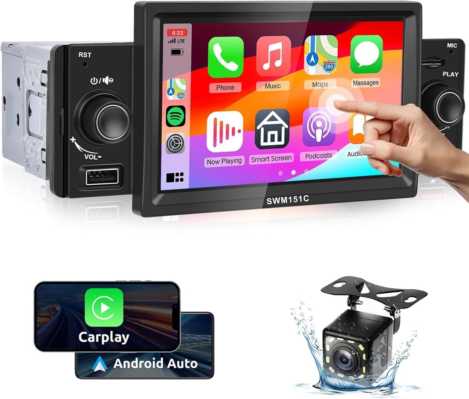 Single Din 5 inch Wired CarPlay Android Auto Car Stereo Touchscreen Bluetooth