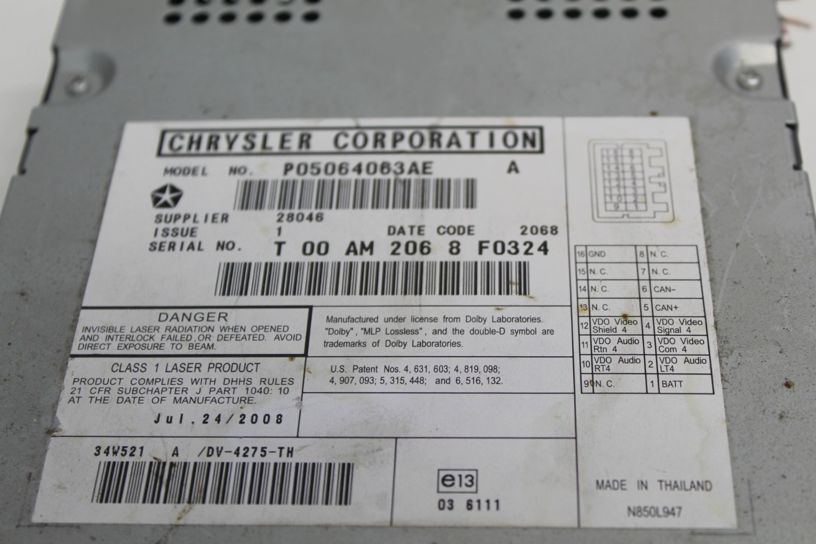 2008 2009 2010 2011 2012 Chrysler Town Country Dodge Caravan DVD Player OEM