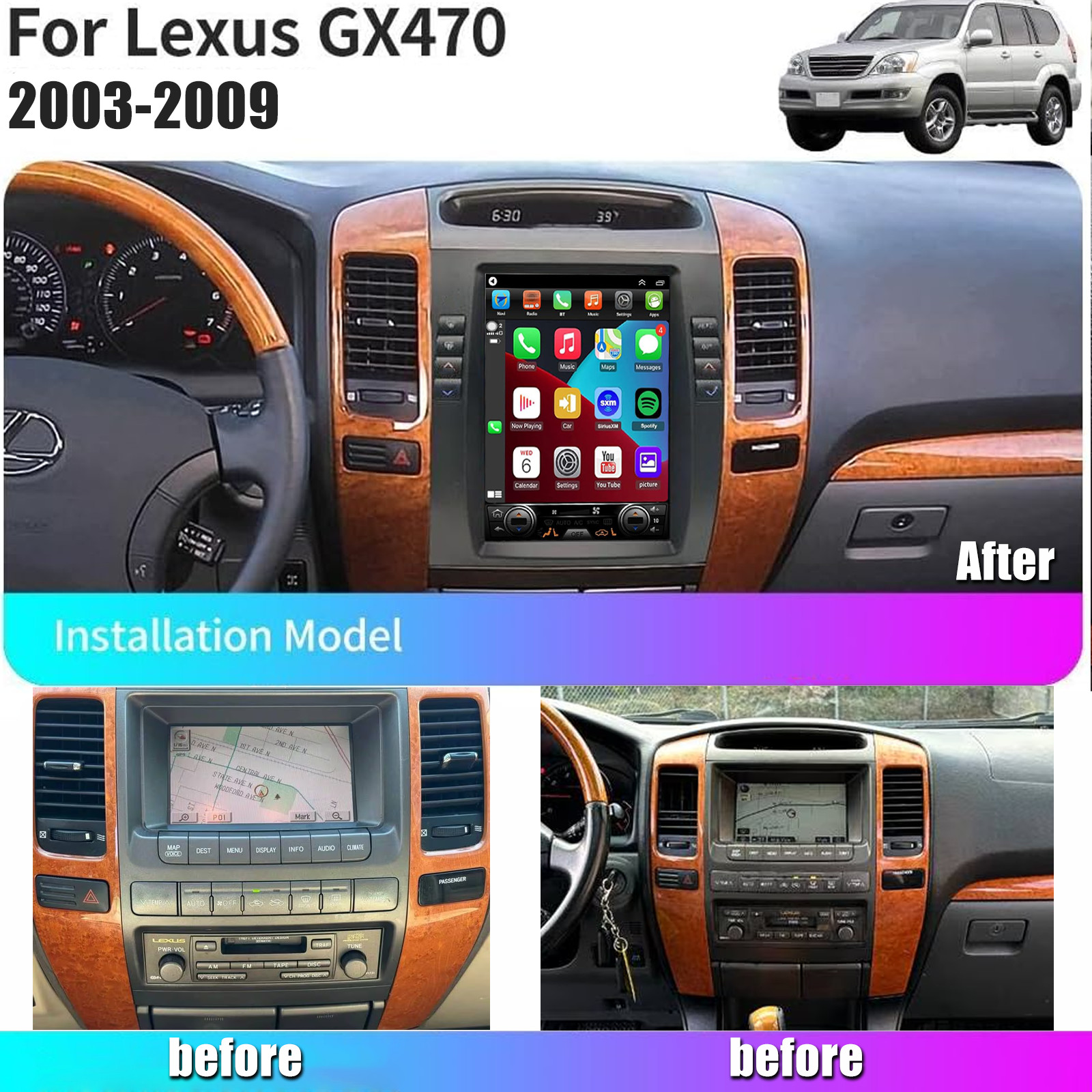 Car Radio Stereo Carplay For 2003-2009 Lexus GX470 6+64G 9.7in Media Android15