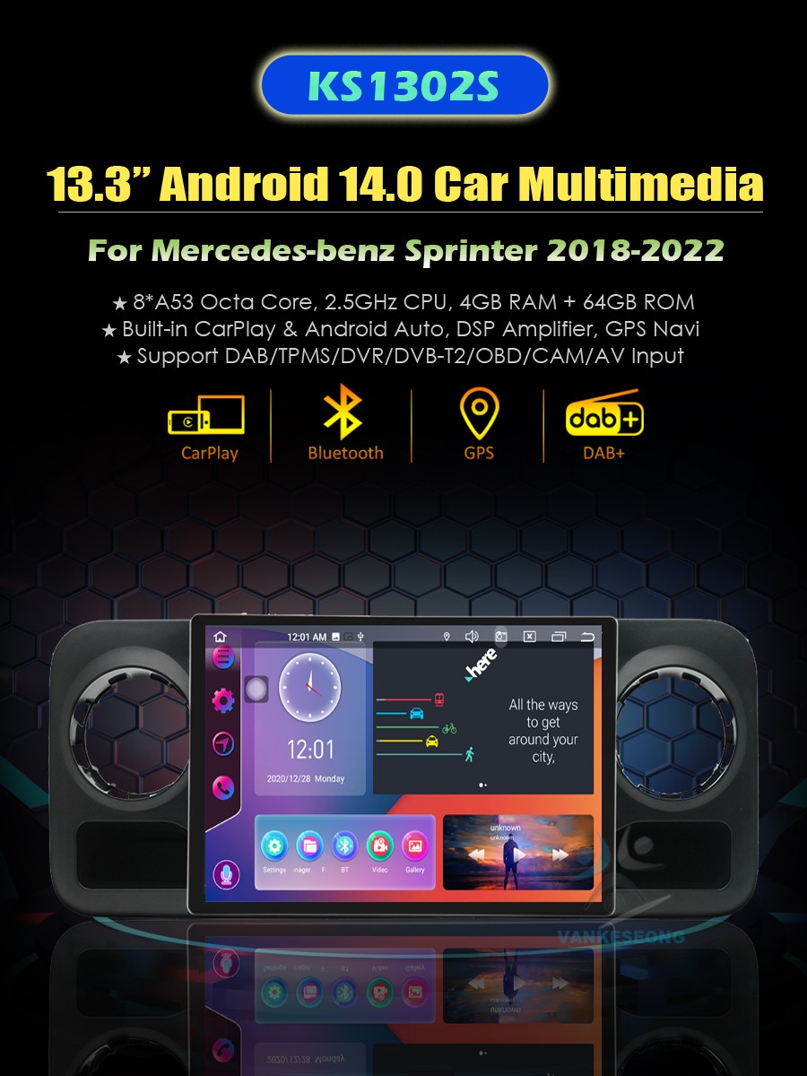 13.3″Screen For Mercedes-benz Sprinter Android GPS Navigation CarPlay Car Stereo