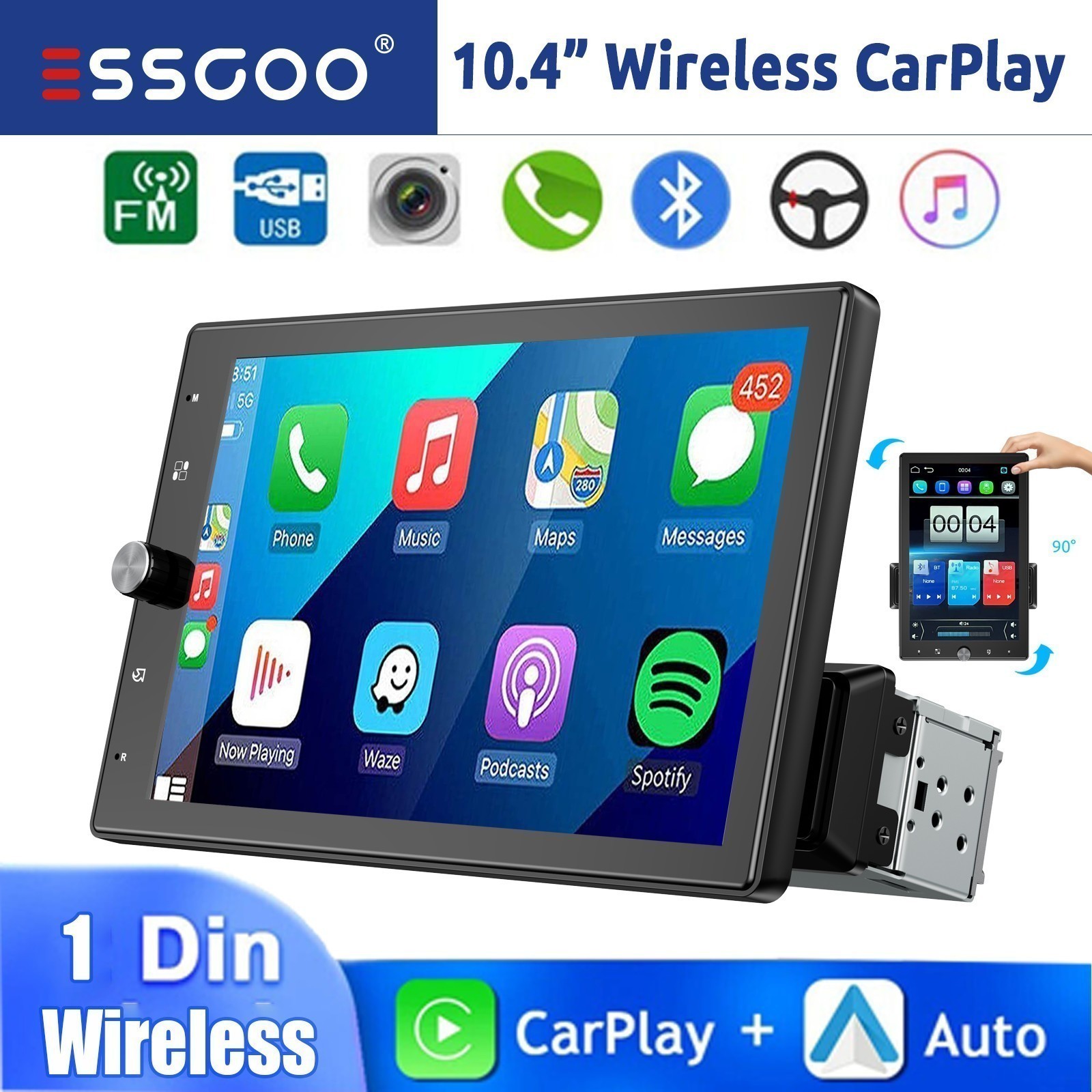 10” Rotatable Car Stereo Wireless CarPlay Android Auto Head Unit Single DIN TF