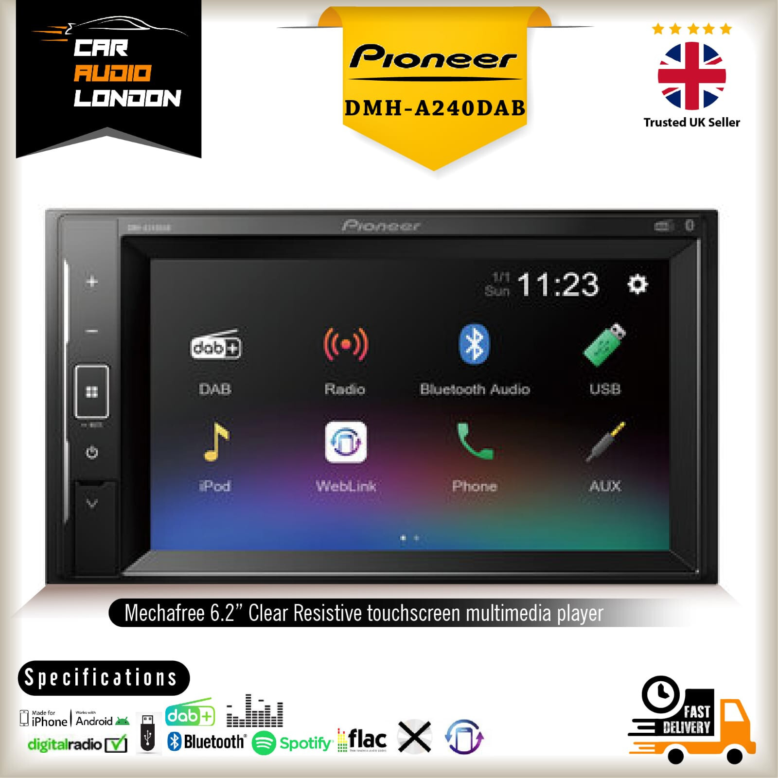 PIONEER DMH-A240DAB 6.2″ Touchscreen 2 DIN Car Stereo with Bluetooth & DAB/DAB+