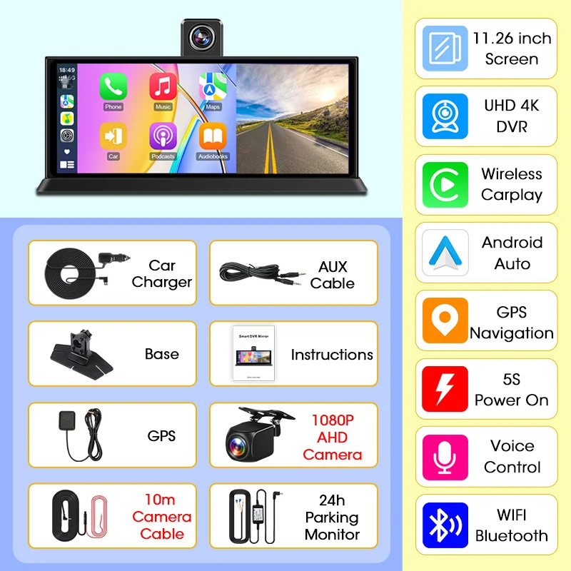 Janstie 11.26 inch Car DVR 4K Camera Rotatable Lens Recorder GPS Dashboard