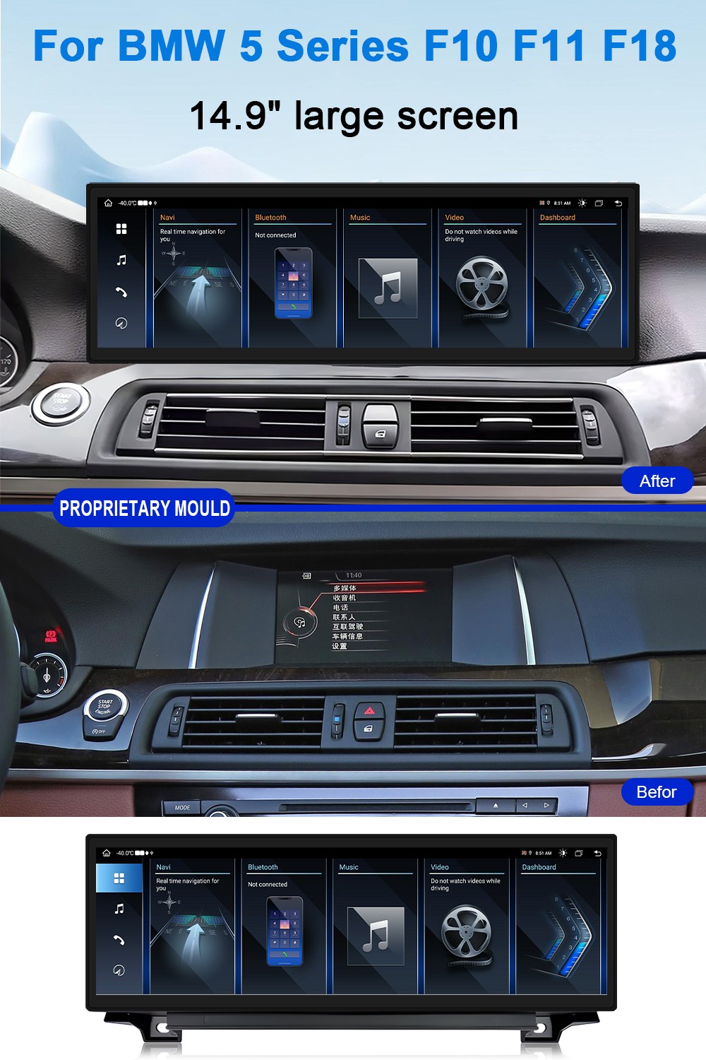 14.9” Android14 Display CarPlay BMW 5 Series F10 F11 CIC 2010 – 2012 G30 4G GPS