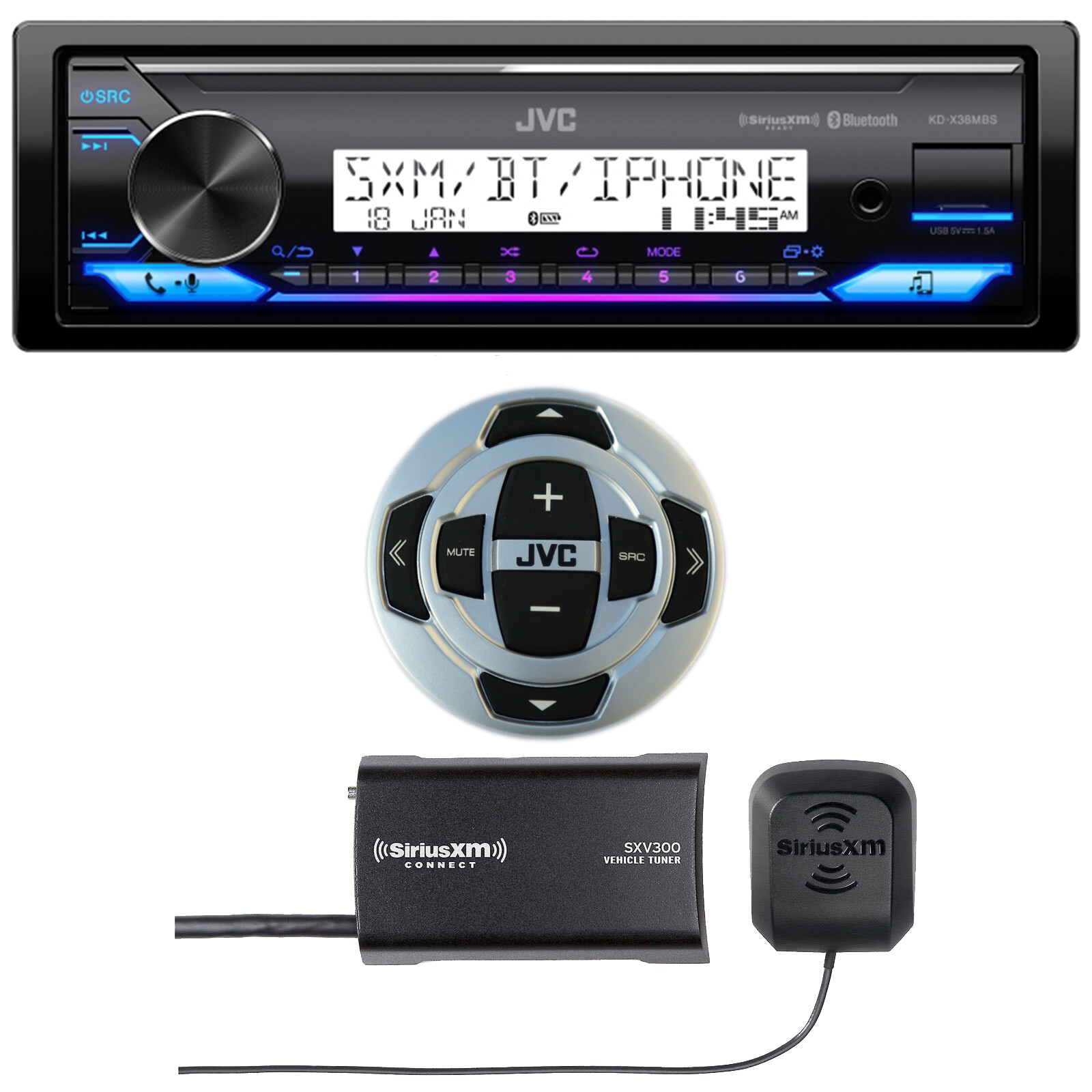 JVC KD-X38MBS Single DIN Bluetooth USB Stereo Receiver, Remote, Satellite Tuner