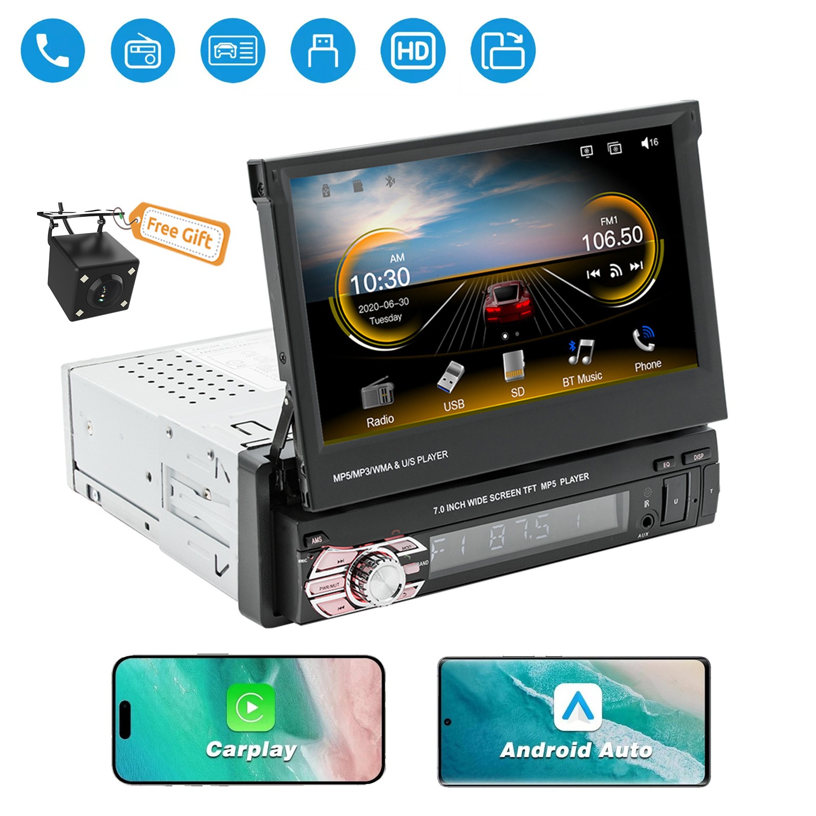 Single 1Din 7″ Touch Screen Stereo Bluetooth Radio Car Apple/Android GPS +Camera