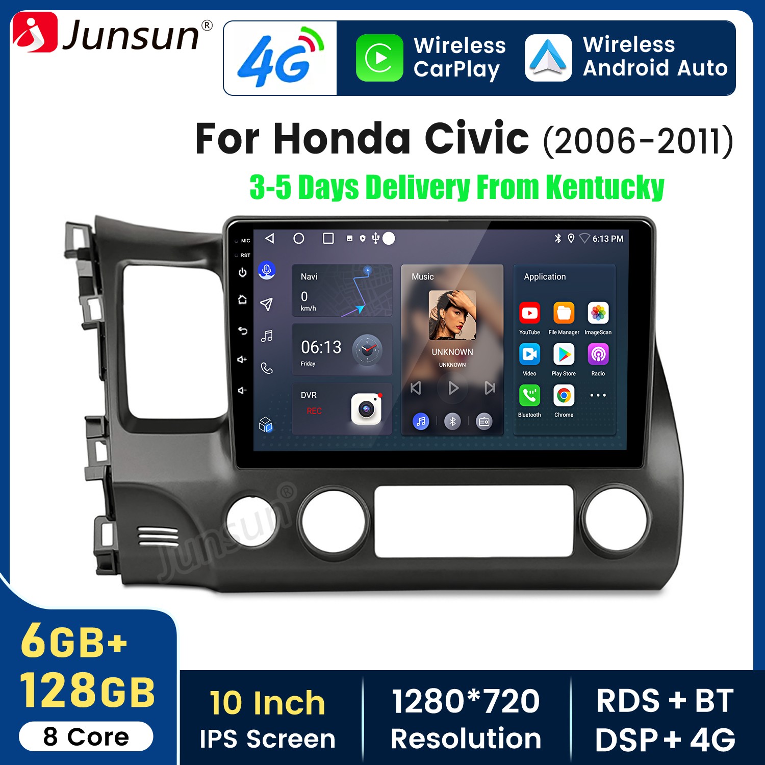 8Core 6+128G Android15 Carplay Car Stereo Radio GPS Navi For Honda Civic 06-2011