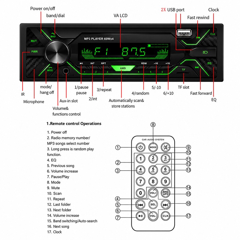 Single Din MP3 Player Car Radio Stereo Audio Receiver Bluetooth AUX FM SD USB