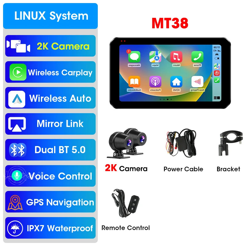 5.5″ Motorcycle DVR 2K Dual Camera GPS Navigation Wireless Carplay Android Auto