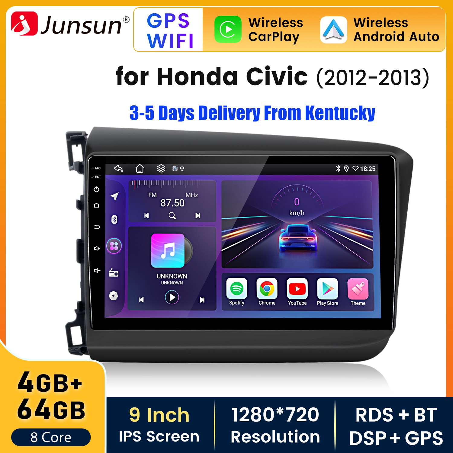 For Honda Civic 2012-2015 4+64G Android15 Carplay Car Stereo Radio GPS Navi WiFi