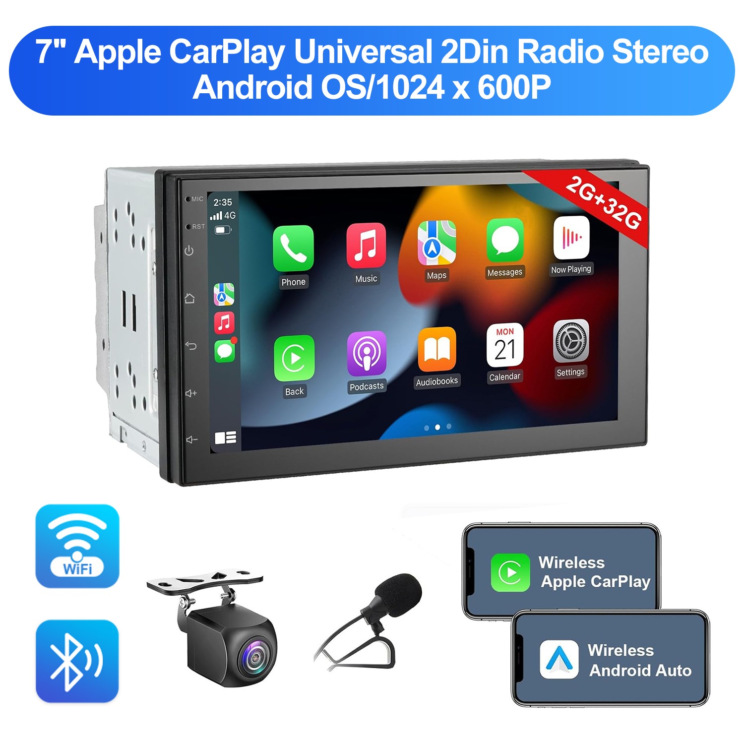 7” 2+32GB Apple CarPlay Universal 2Din Radio Stereo SWC GPS Navi WiFi +Camera