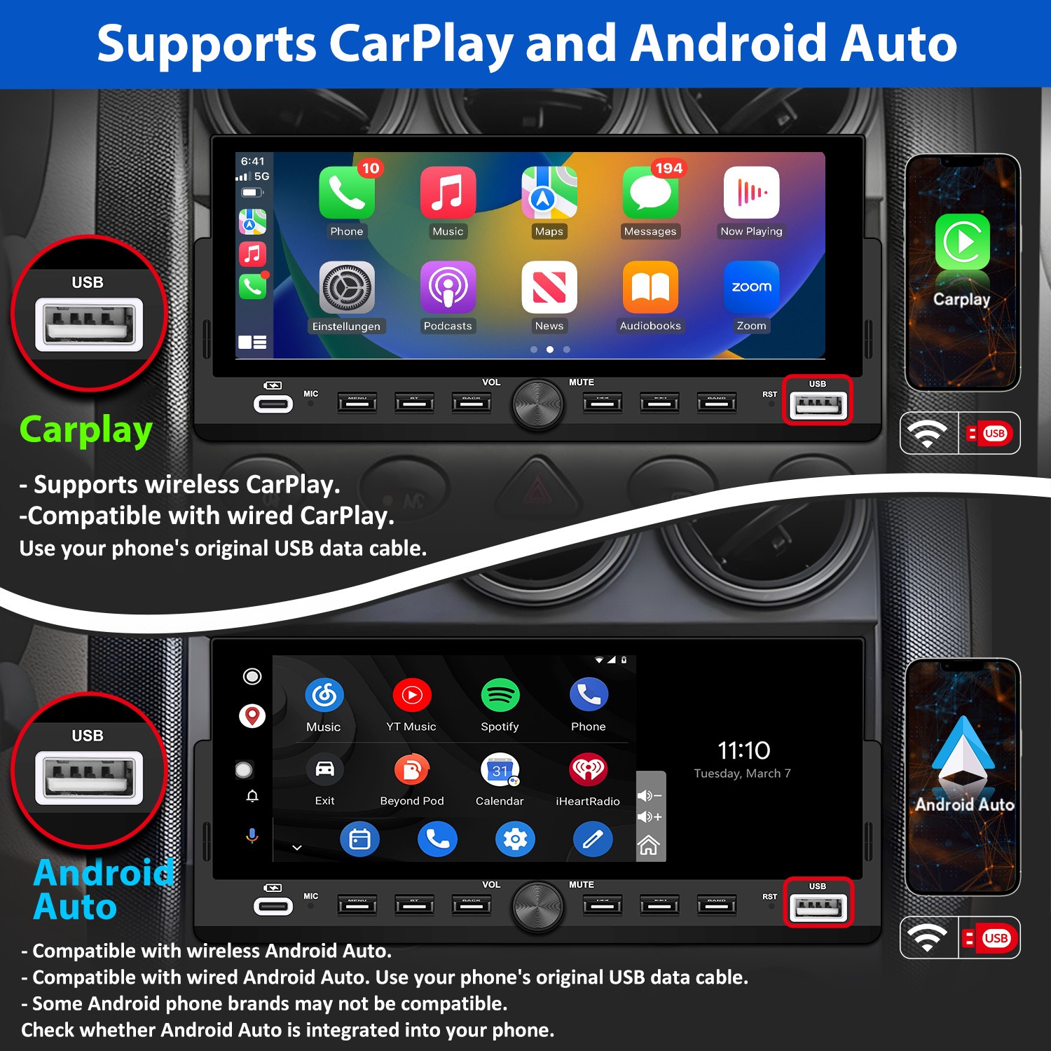 6.86″CarPlay Android Auto For Universal Car Stereo Multimedia Player Rear Camera