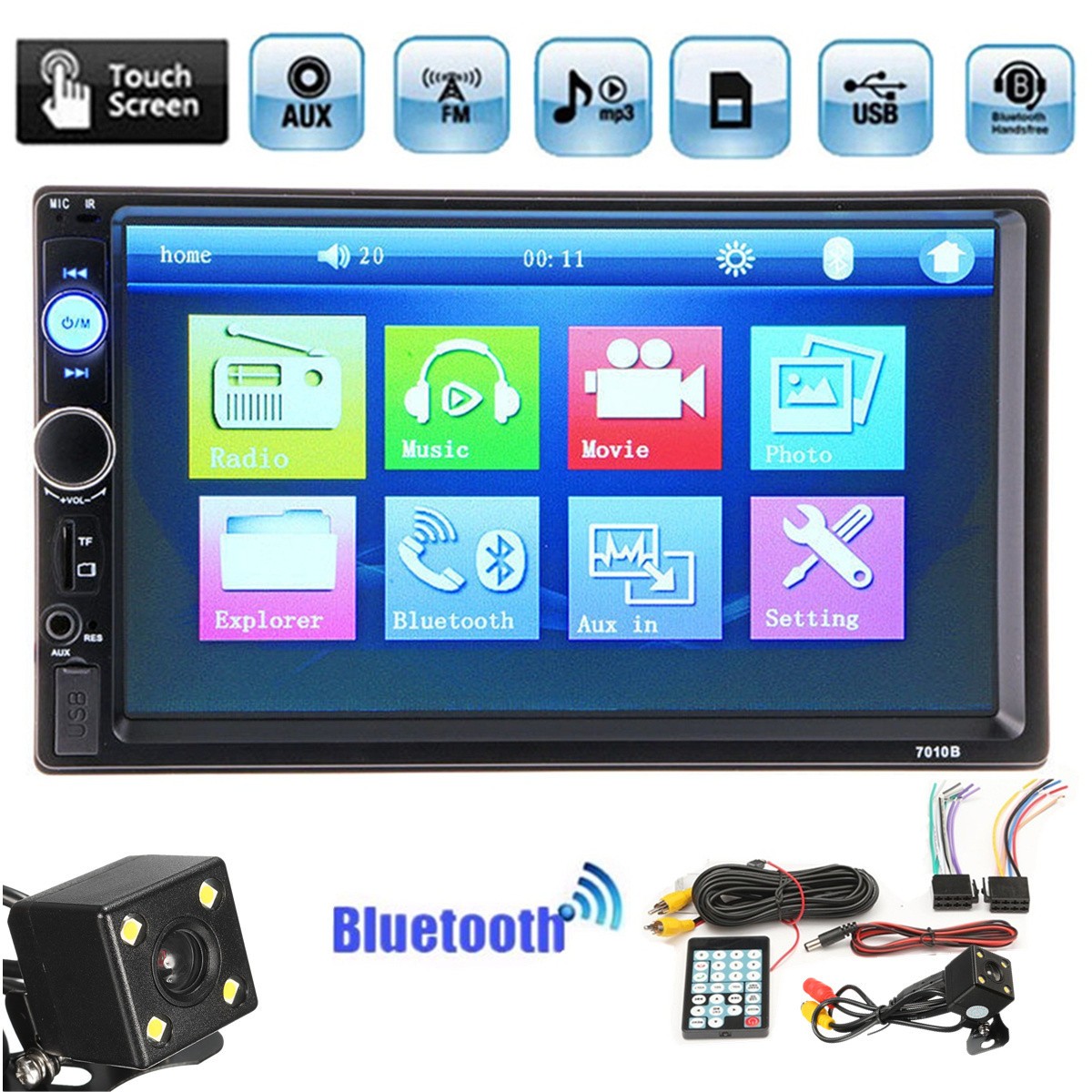 7″ 2 Din Car Stereo Touch Screen Bluetooth Stereo FM USB AUX MP3 Player Camera