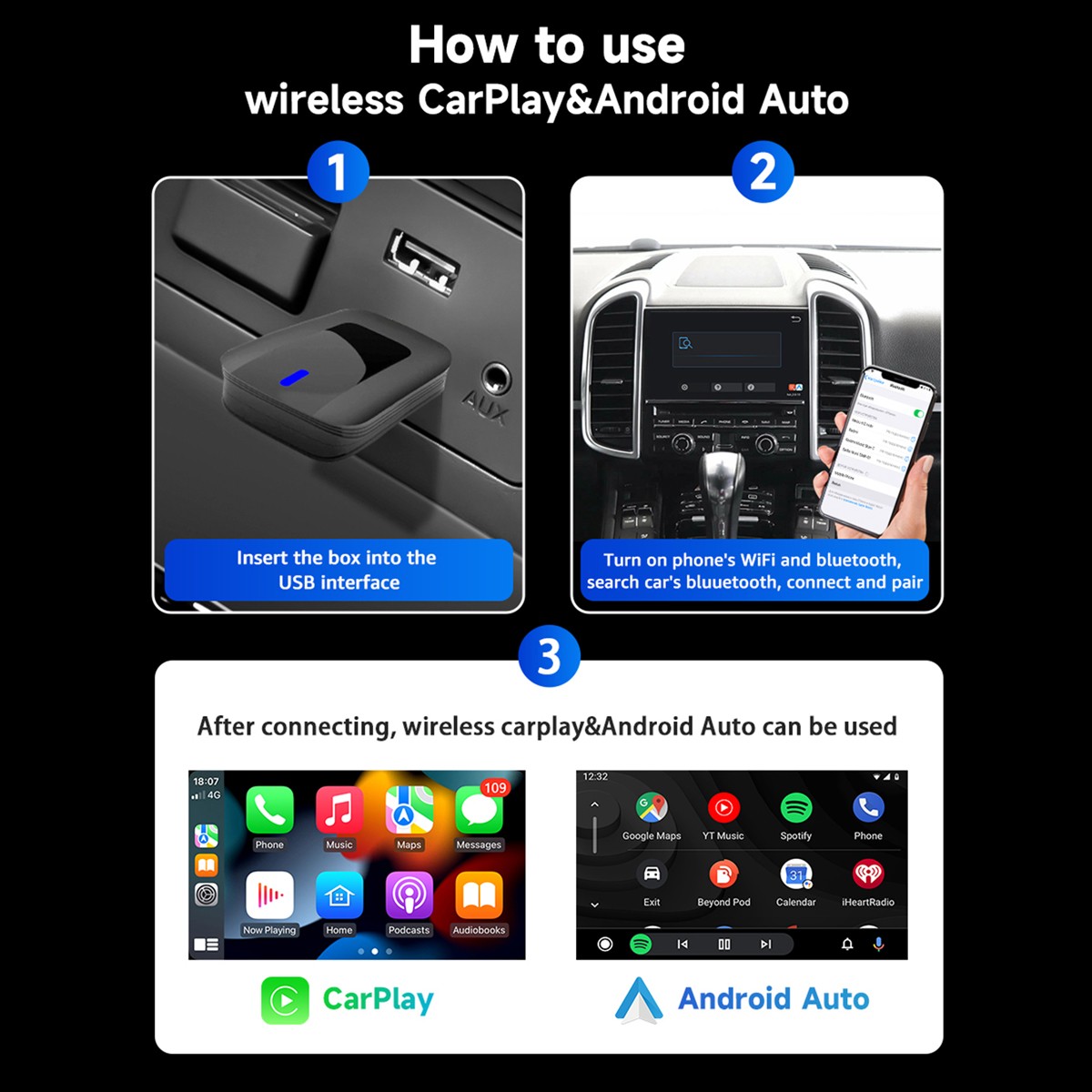 99% Cars 2-in-1 CarPlay Android Auto Wireless Adapter 5.8GHz WiFi BT5.0 Plug New