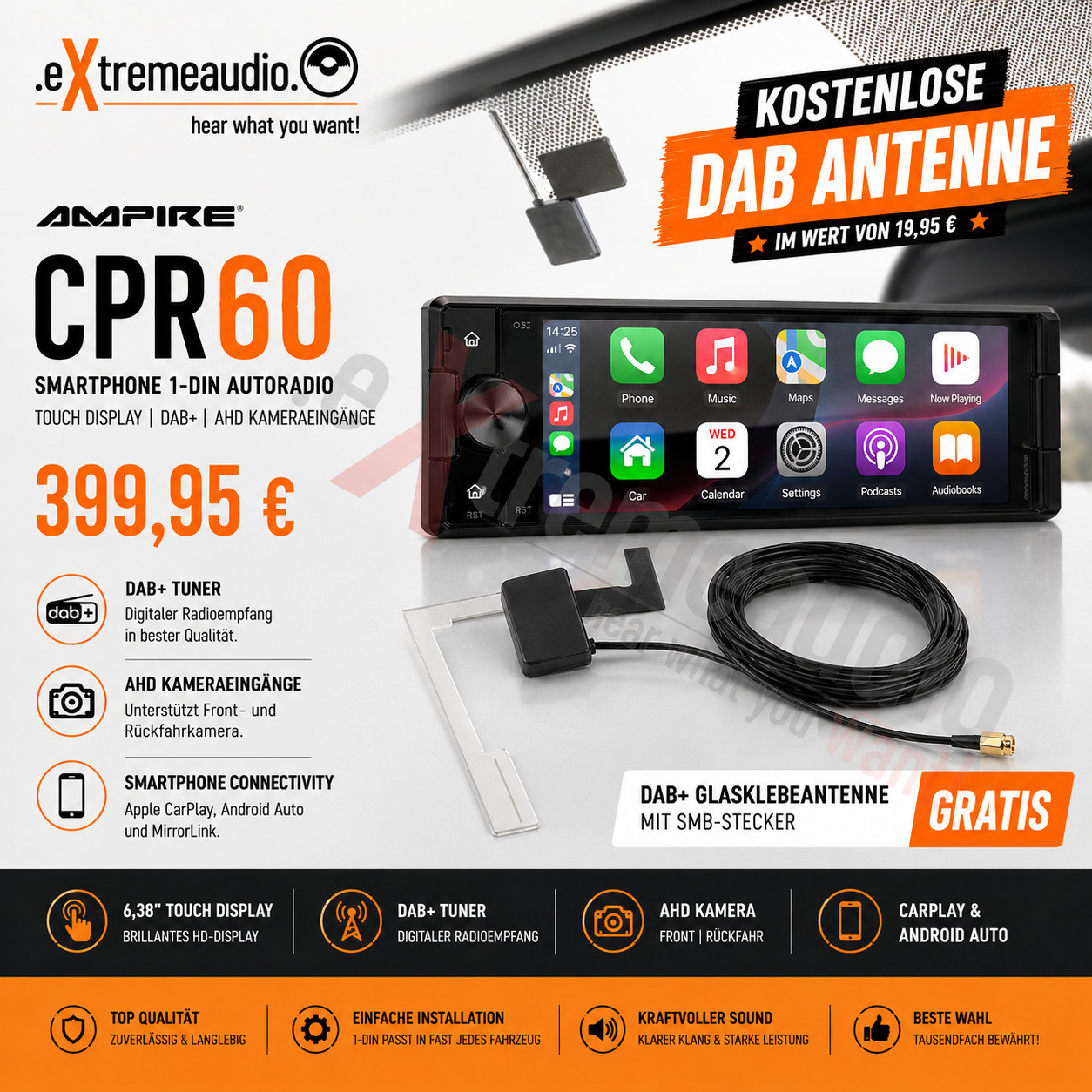 AMPIRE CPR60 Smartphone 1-DIN DAB+ Car Stereo AHD with Free DAB Antenna SMB