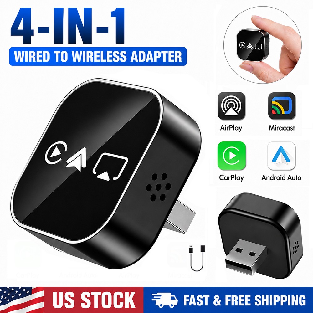 4 IN 1 Wireless CarPlay Adapter Android Auto AirPlay Mirror Link USB Plug & Play