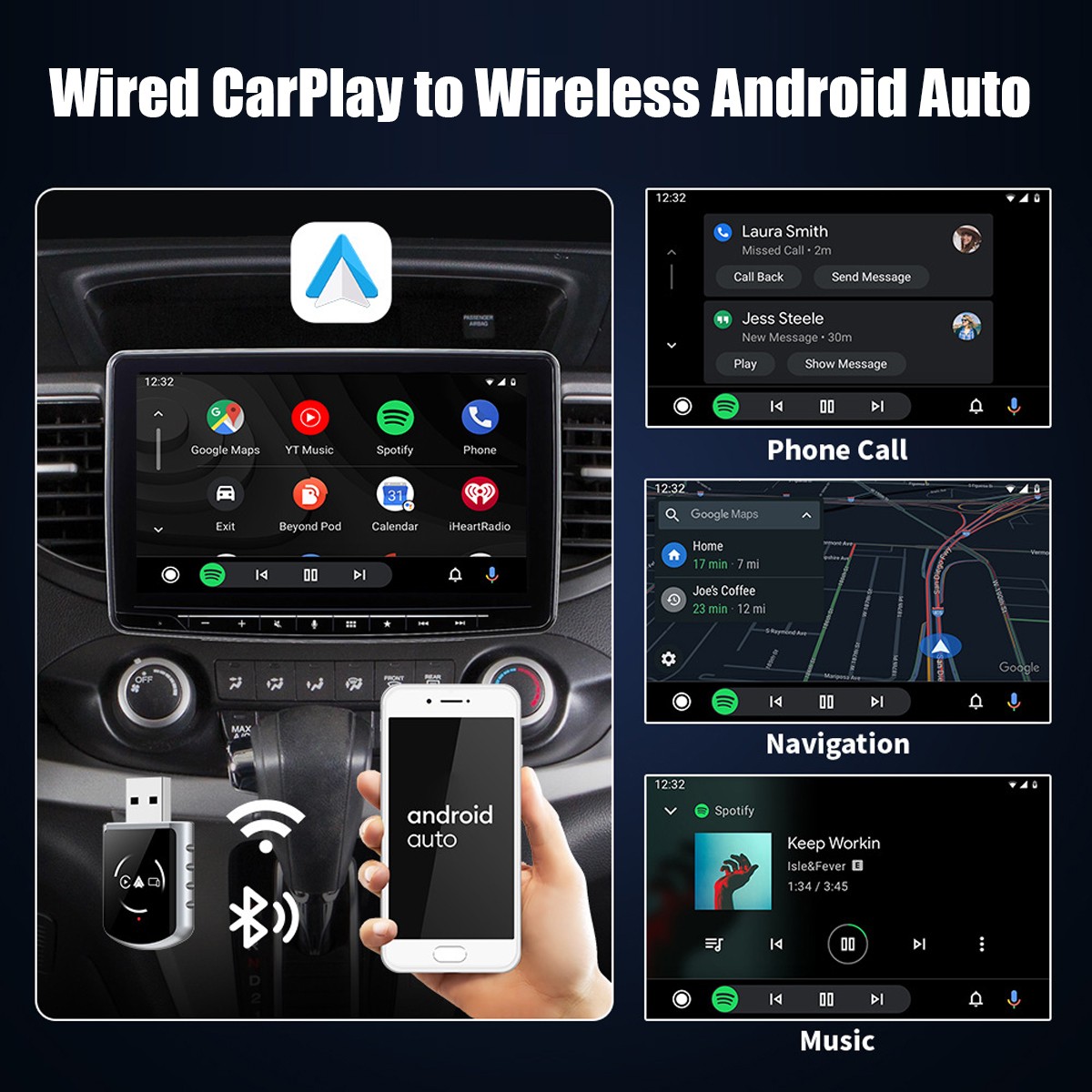4 in 1 Wireless CarPlay Android Auto Adapter 5GHz WiFi USB & Type-C Plug & Play