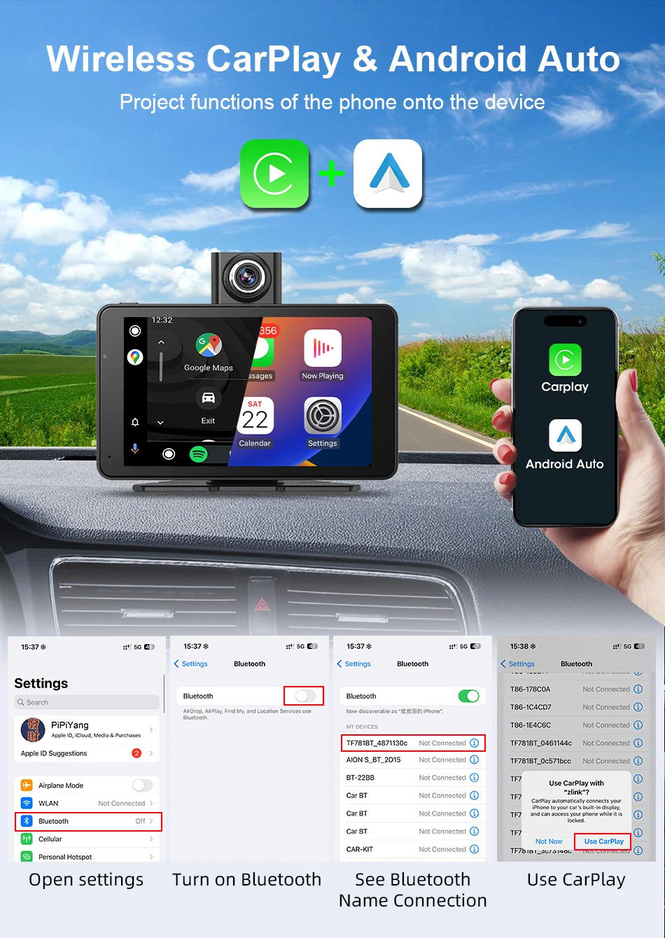 Jansite 7 Inch 2.5K Car DVR Wireless CarPlay Dash Cam GPS Vision Camera Mirror