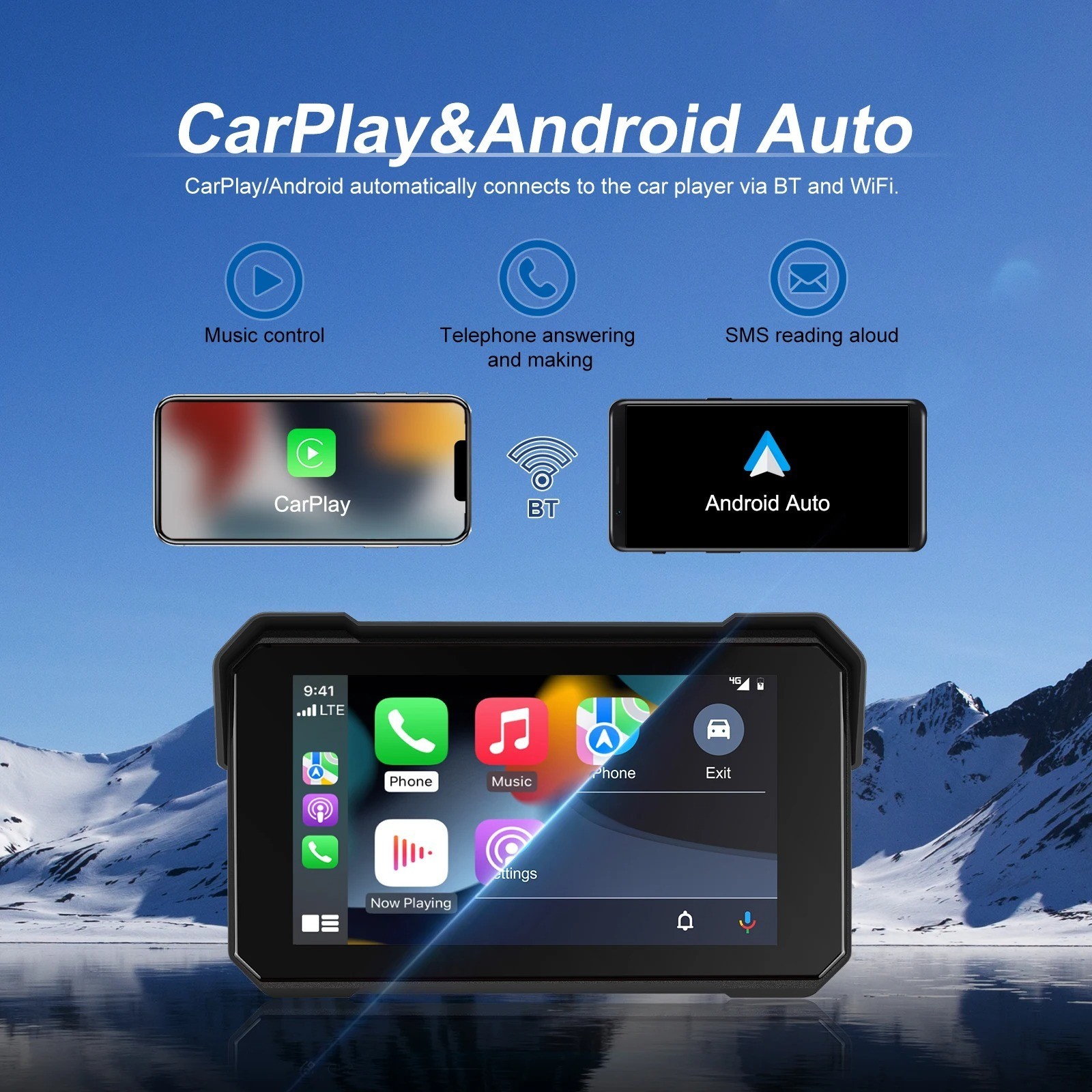 Podofo Wireless CarPlay Android Auto 5″ Smart Player Bluetooth EQ Motorcycle