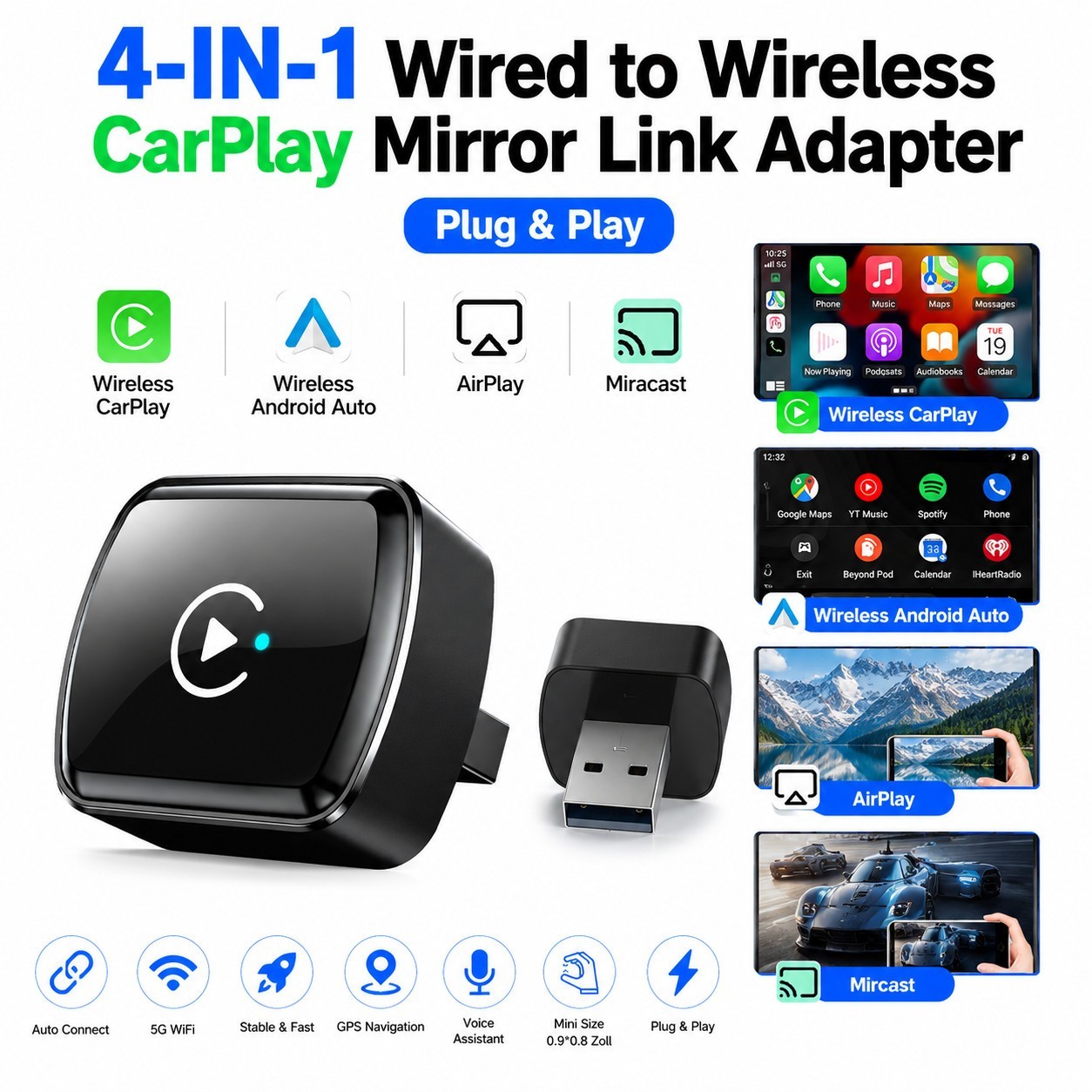 Wireless Carplay Android Auto Adapter USB Car Dongle Connect Box 4 in 1 Mini Box