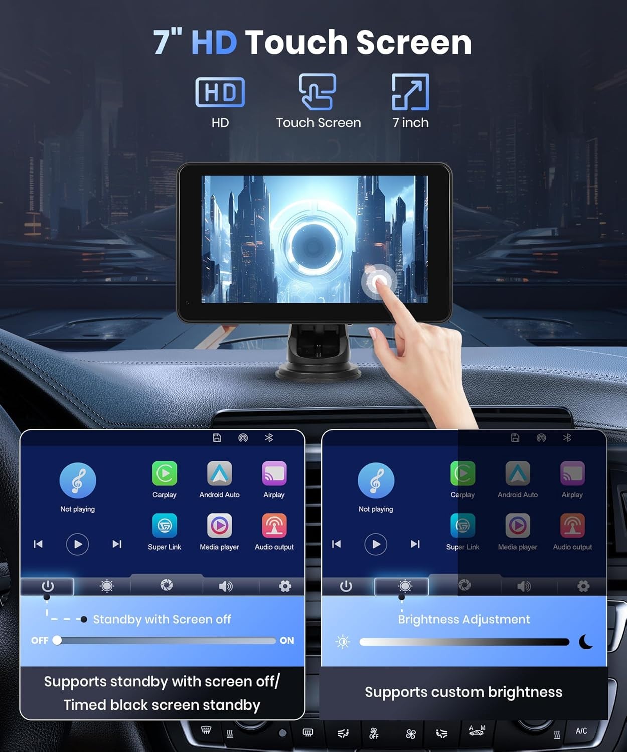 ✅ Portable Wireless Car Stereo w/ CarPlay,Android,7inch 1080P HD IPS Touchscreen