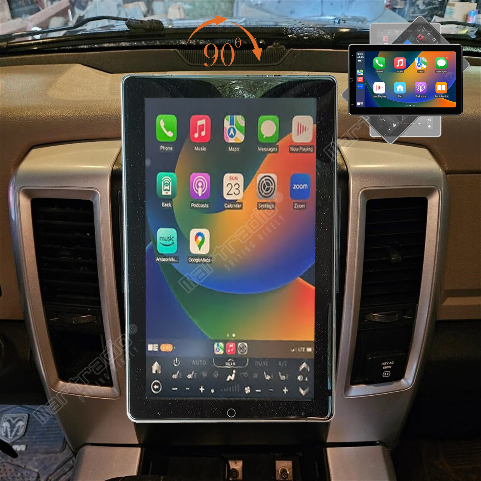 For 2009-2012 RAM 1500 2500 3500 Carplay Android 14 Rotated Stereo Radio GPS