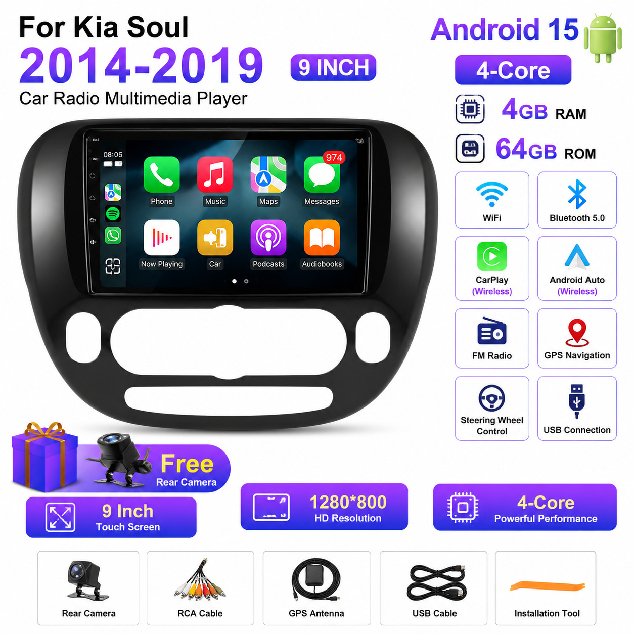 For 2014-2019 Kia Soul CarPlay Android 13 Car Radio Stereo GPS Head Unit