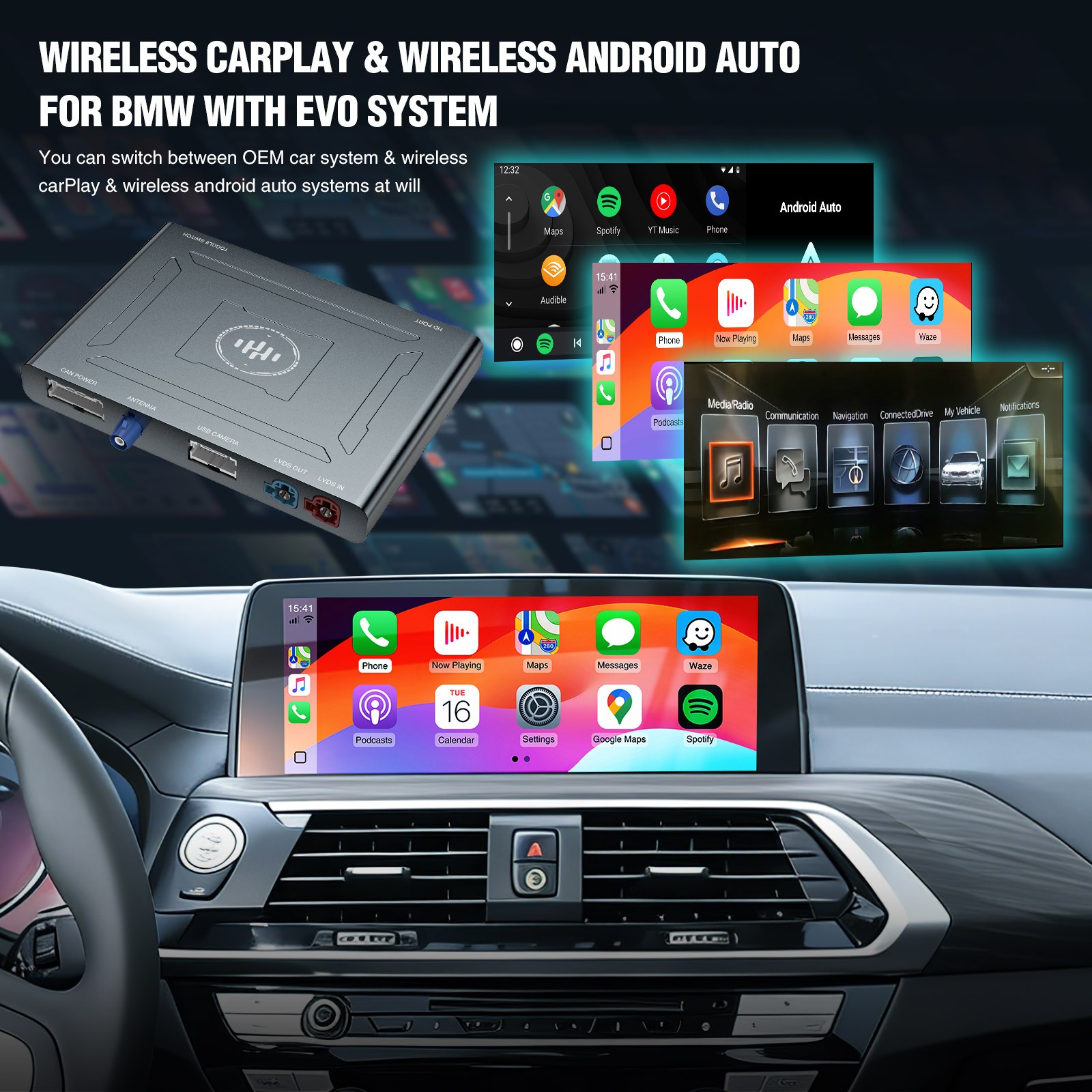 Wireless CarPlay & Android Auto Decoder Box AI Box Multimedia Player For BMW EVO