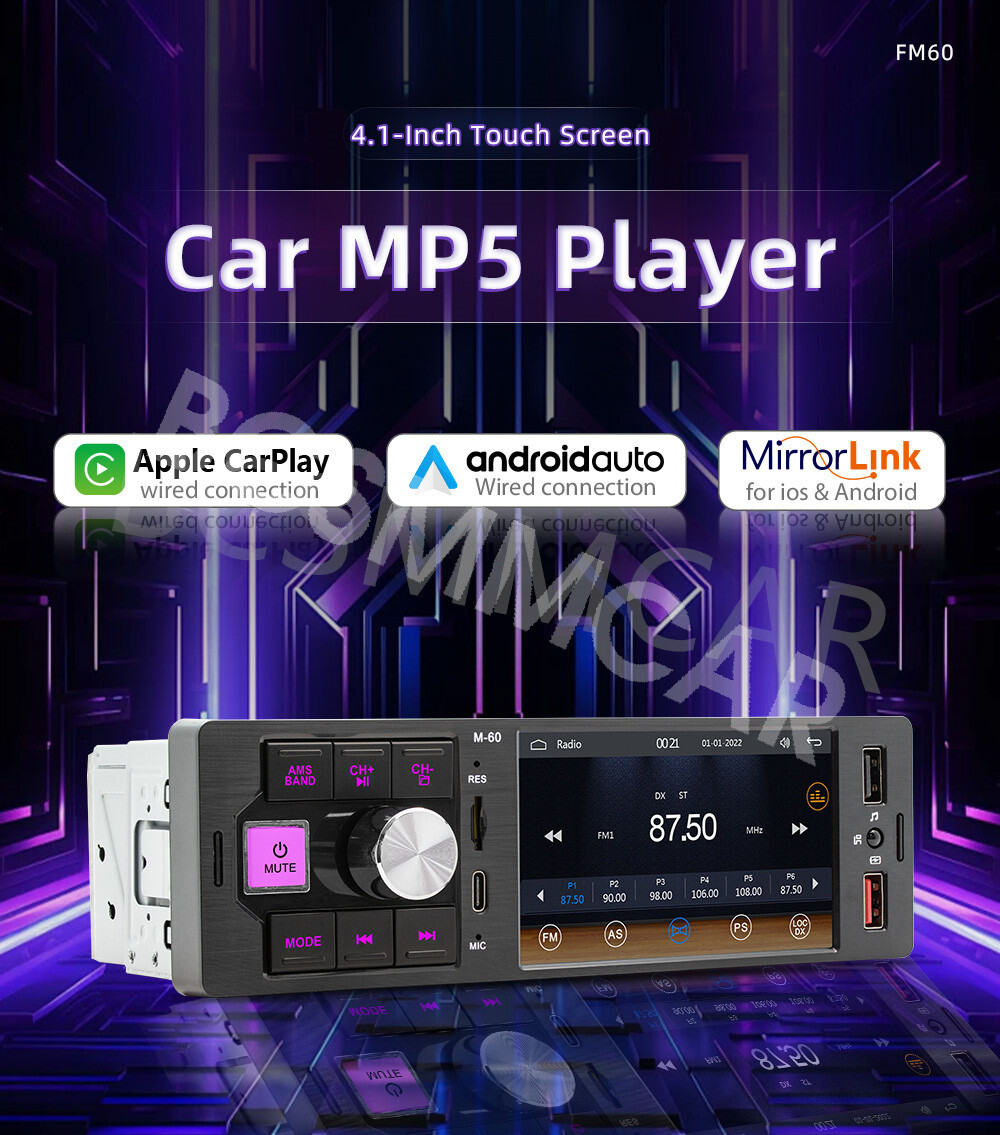 For Apple Carplay Radio Car Stereo Touch Screen 1 Din Audio Bluetooth TF AUX USB