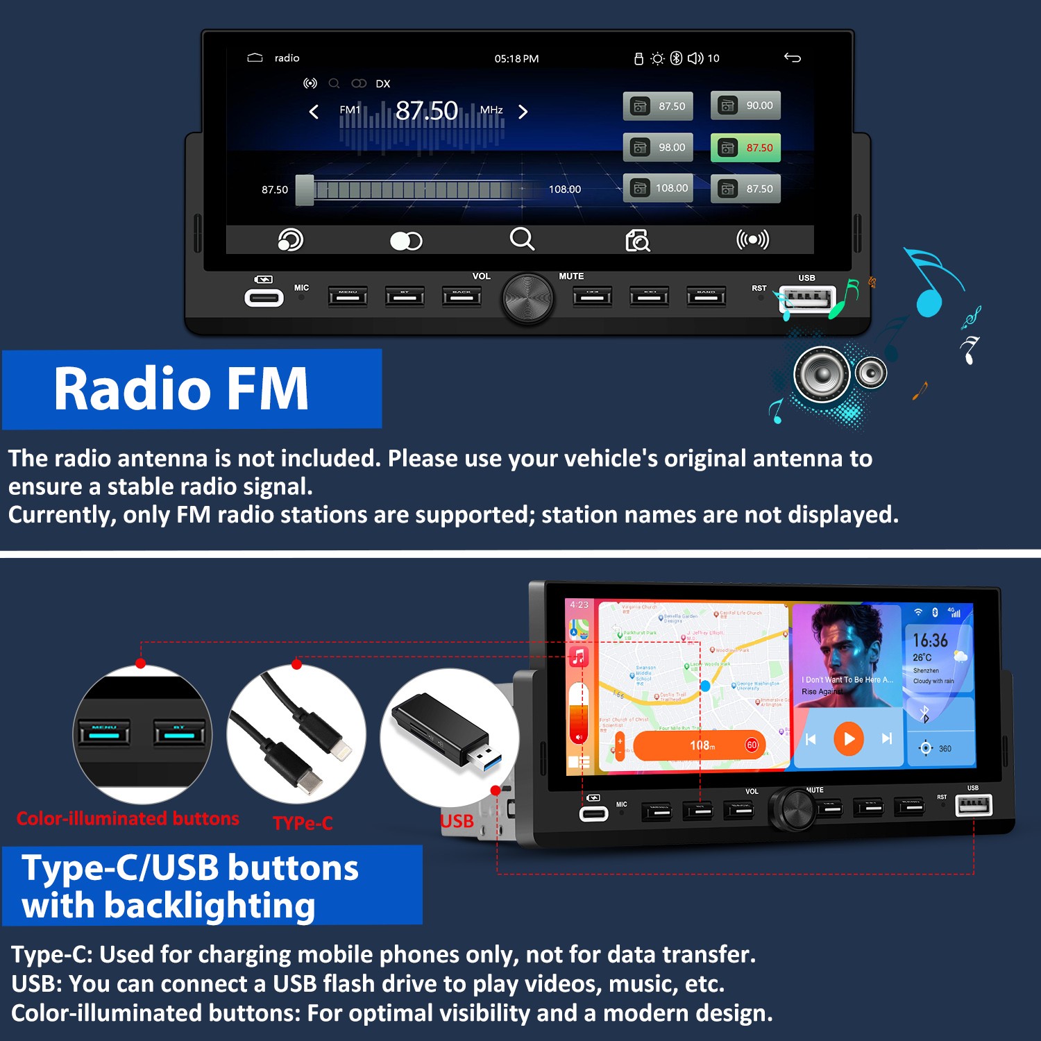 6.86″CarPlay Android Auto For Universal Car Stereo Multimedia Player Rear Camera