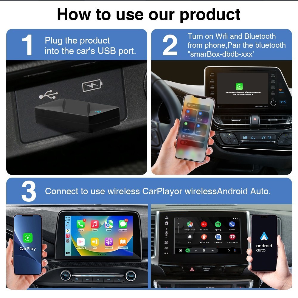 USB Wireless CarPlay Adapter for Apple iPhone & Android Auto Dongle Plug＆Play US