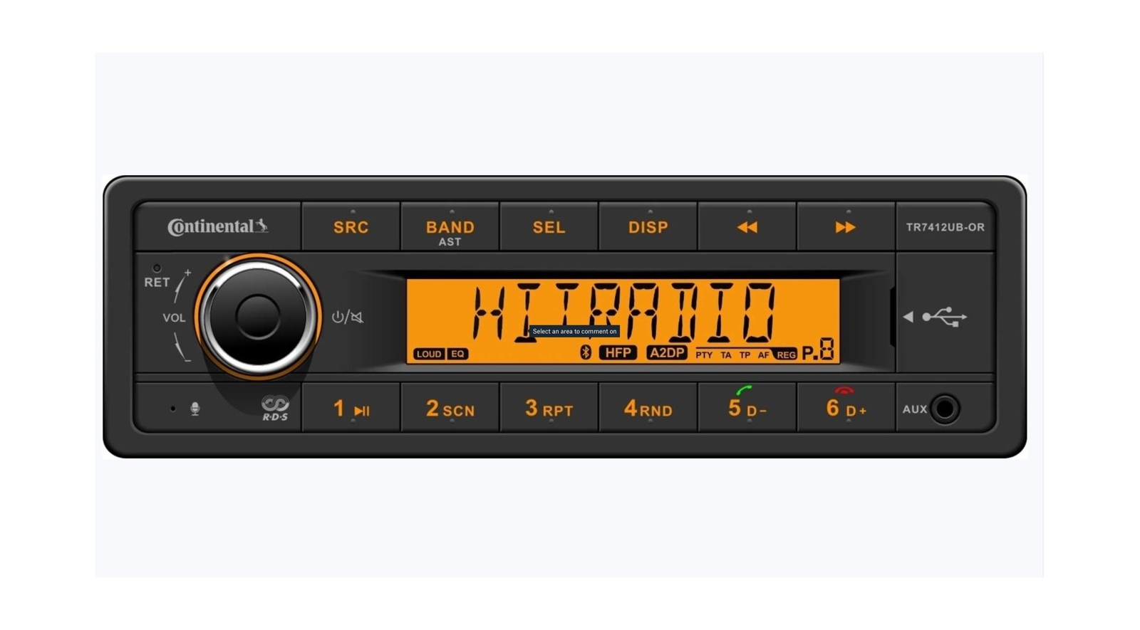 VDO Continental TR7412UB-OR European Style 12v Radio Orange Display Bluetooth