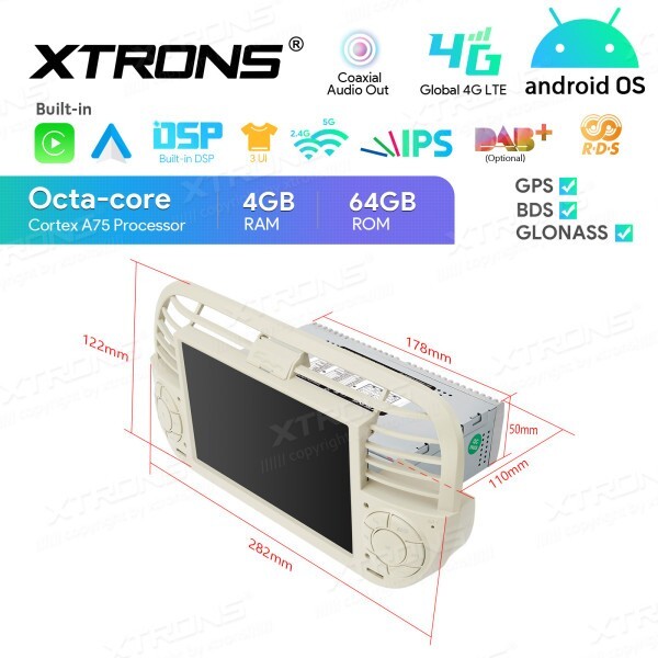 WHITE CAR TABLET for Fiat 500 car radio Android 14 4G RAM + 64G ROM wi-fi GPS7″
