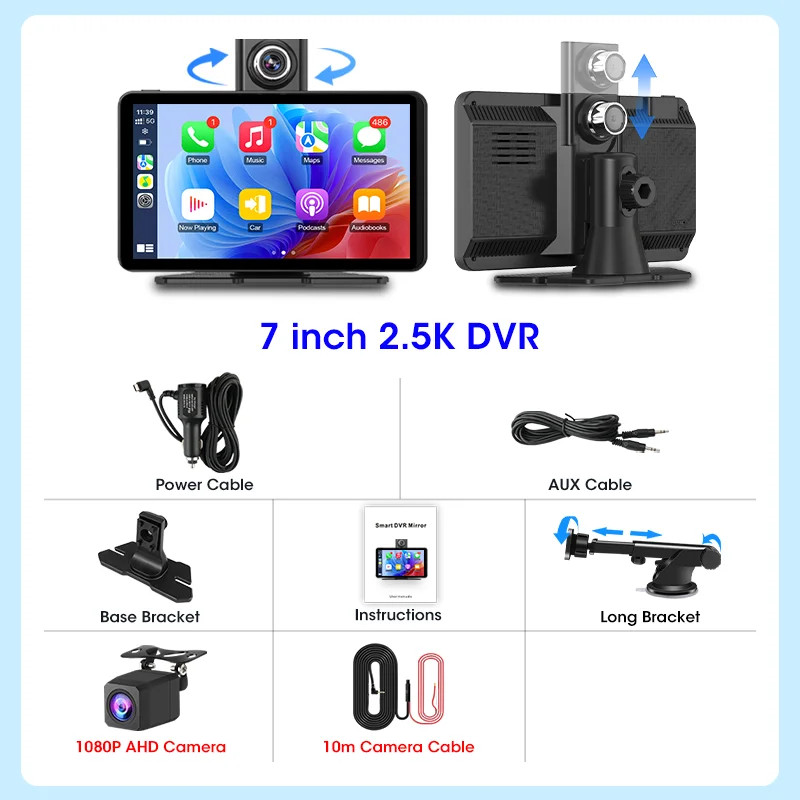 Jansite 7 Inch 2.5K Car DVR Wireless CarPlay Dash Cam GPS Vision Camera Mirror