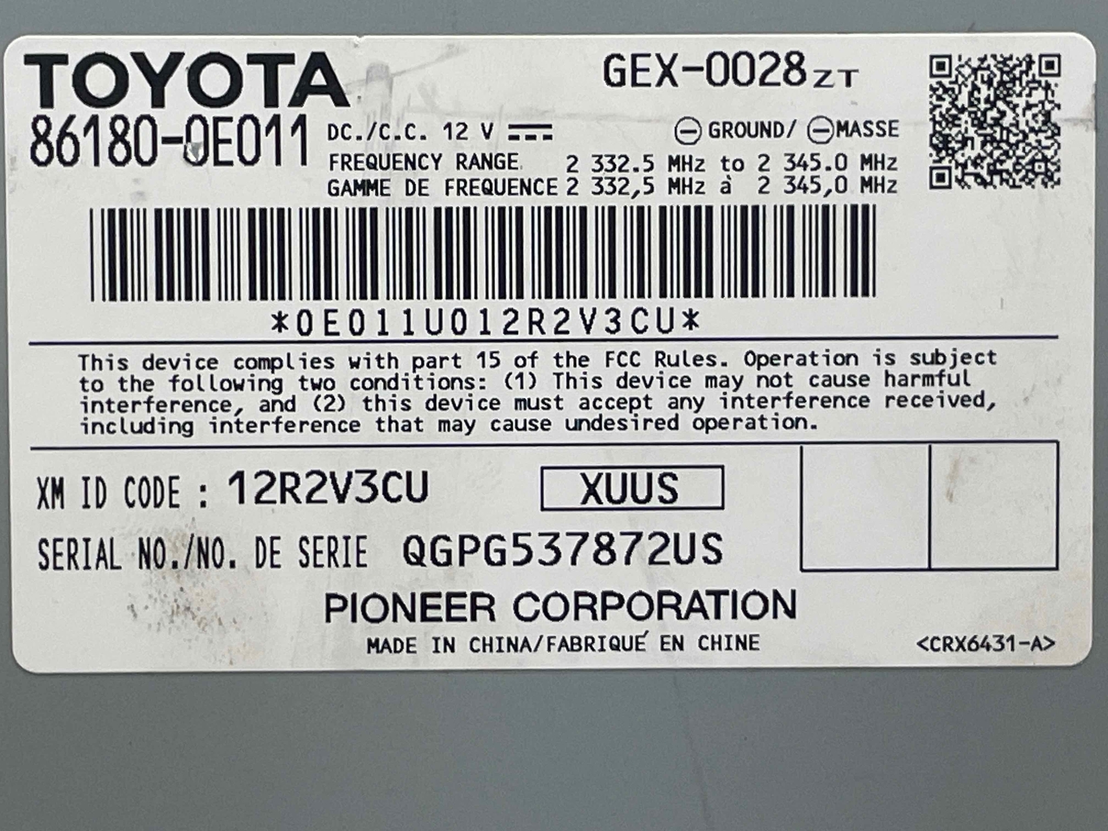 2017 Toyota Highlander OEM Satellite Radio Receiver Module 86180-0E011 2014-2019