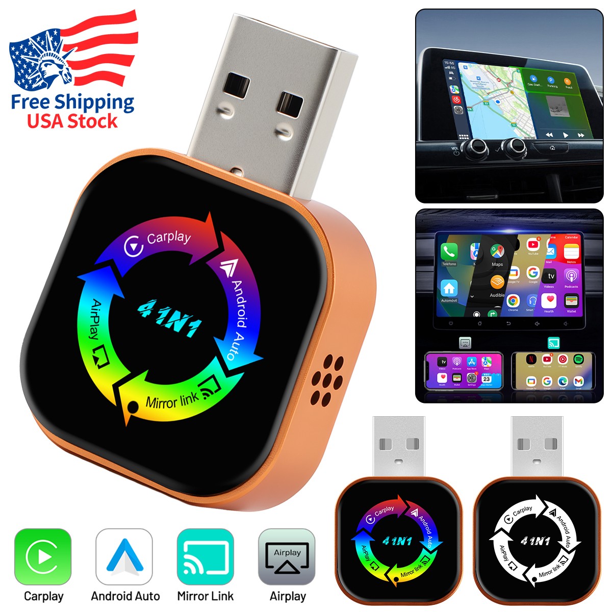 Wireless Carplay Android Auto Adapter Airplay Bluetooth Wi-fi Mirror Link Screen
